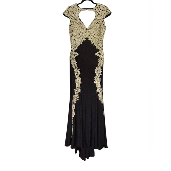 Betsy & Adam Black Gown with Gold Floral Lace Applique Sheer Mesh Detail Size 10 - Picture 2 of 6